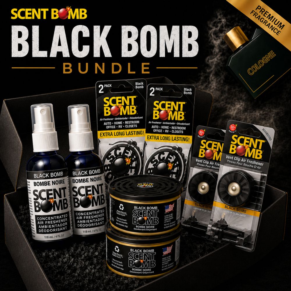 Black Bomb air freshener bundle with spray bottles, vent clips, and canister