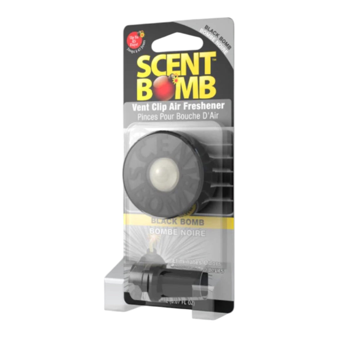 Scent Bomb vent clip car air freshener, black round diffuser with white center