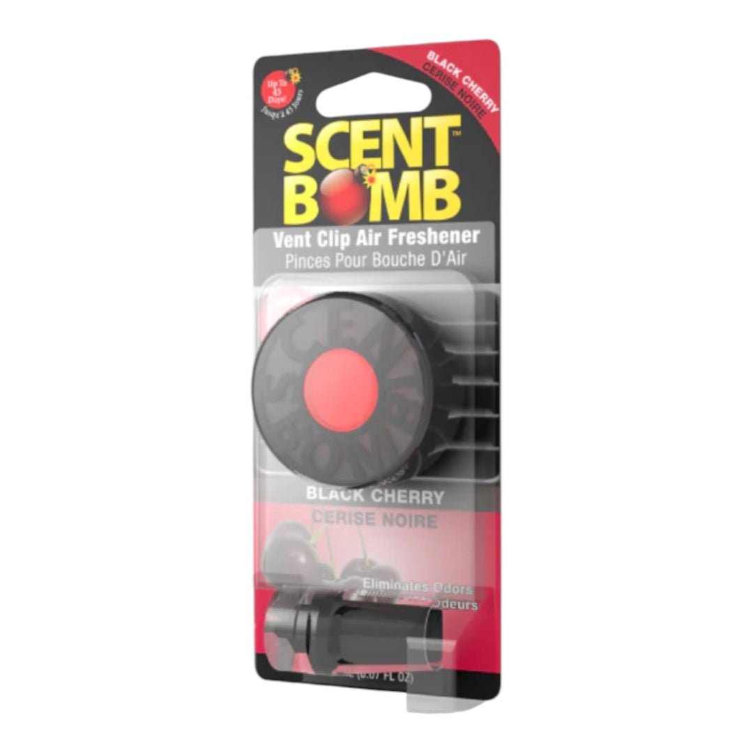 Black vent clip car air freshener with circular fan and red center, Black Cherry scent