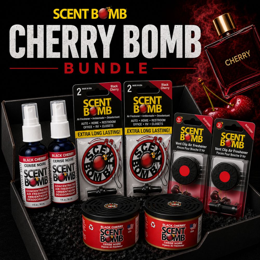 Cherry Bomb air freshener bundle with spray bottles, vent clips, and two scent tins