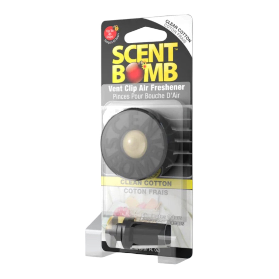 Car vent clip air freshener with round dark disk and beige center, Clean Cotton scent