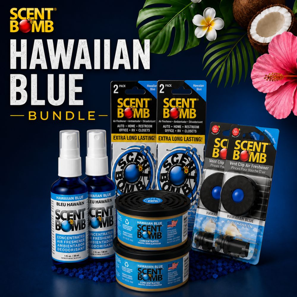 Hawaiian Blue air freshener bundle with spray bottles, vent clip, and canister.