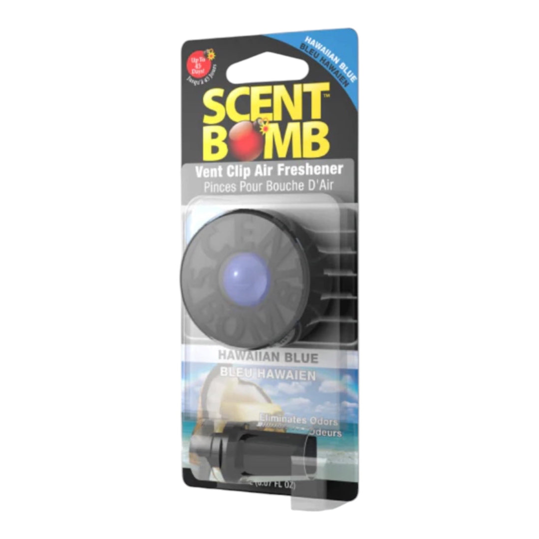 Car vent clip air freshener in retail pack with blue scent disc