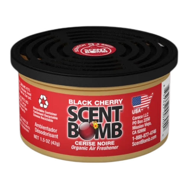 Black Cherry organic air freshener can, close view of red label and black lid.