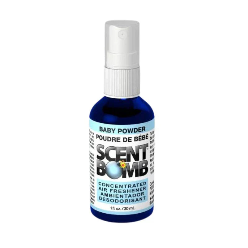 Baby powder air freshener spray bottle with white mist pump, blue bottle, Scent Bomb label