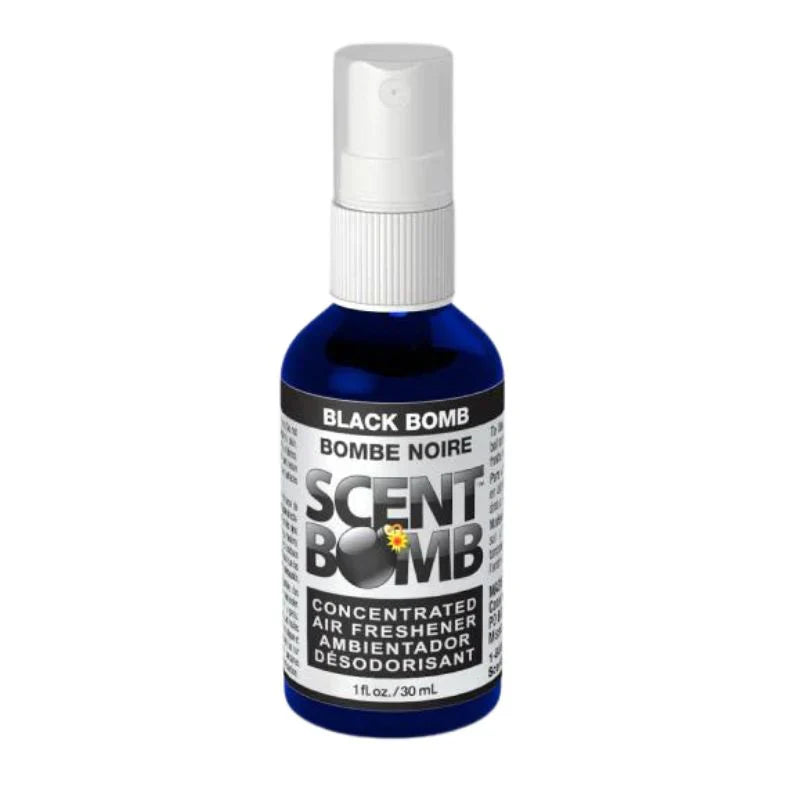 Blue air freshener spray bottle with white pump and blue label