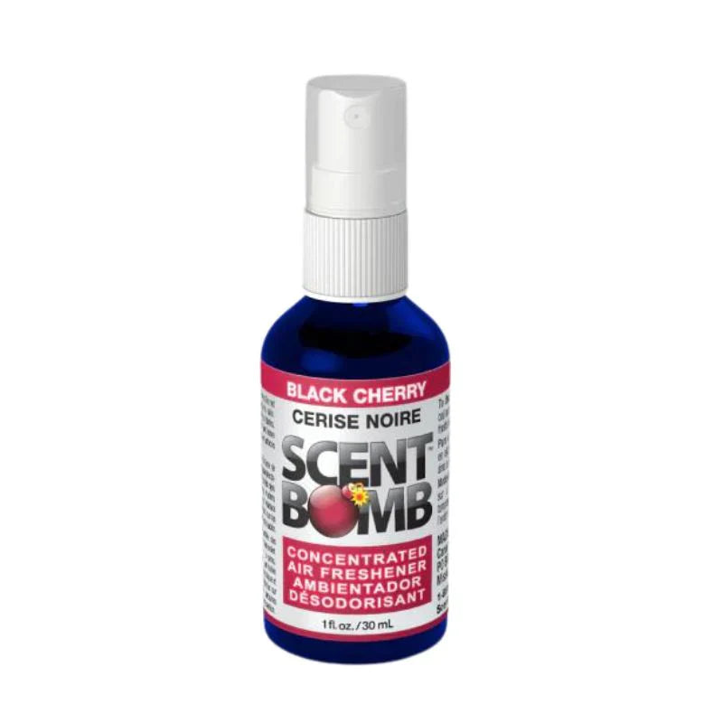 Air freshener spray bottle with dark blue liquid and white pump, Black Cherry label