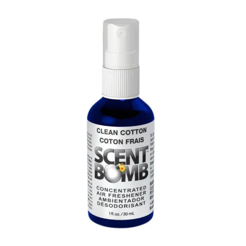 Air freshener spray bottle with white pump cap and blue Clean Cotton label.
