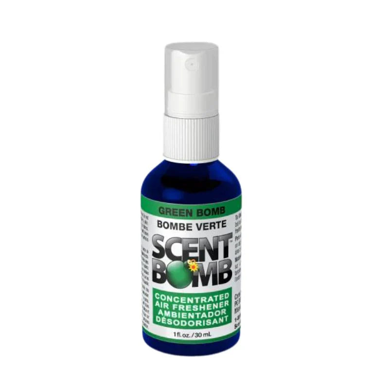 Green Bomb spray air freshener bottle with pump top and green label
