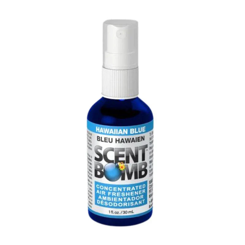 Hawaiian Blue spray air freshener bottle with white pump, blue label.