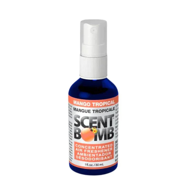 Mango tropical air freshener spray bottle, blue base with white pump