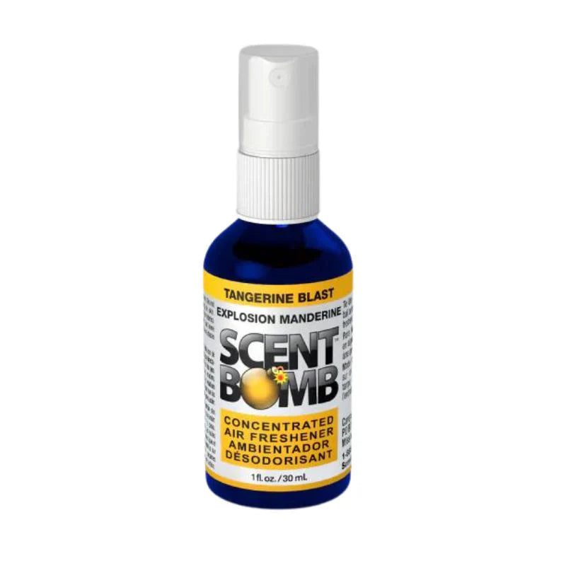 Scent Bomb tangerine blast air freshener spray bottle with white trigger, blue label
