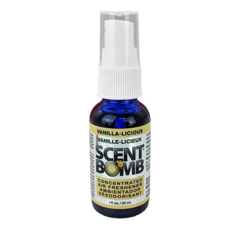 Scent Bomb vanilla air freshener spray bottle with white mist nozzle, dark blue label