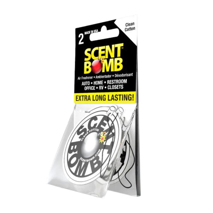 Car air freshener 2-pack with Clean Cotton hanging circle, white-and-black package