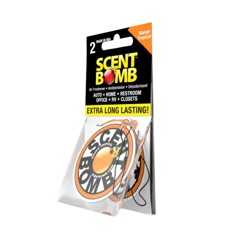 Car air freshener 2-pack with Mango Tropical hanging circle, orange-and-black package