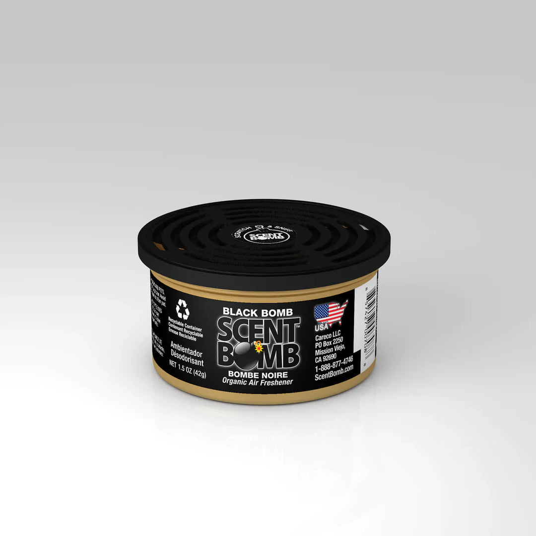 Black Bomb organic air freshener can with black lid, round top label.