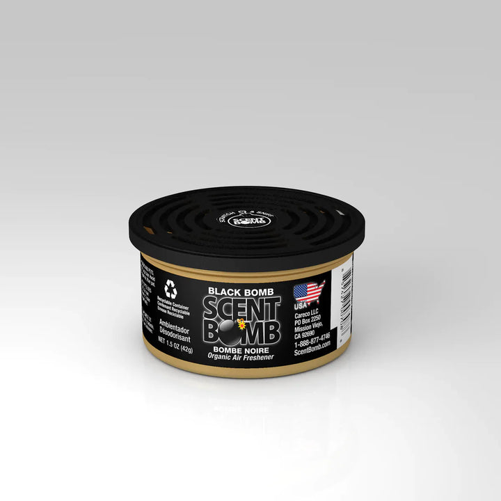 Car air freshener can, tan body with black lid; Black Bomb scent label.