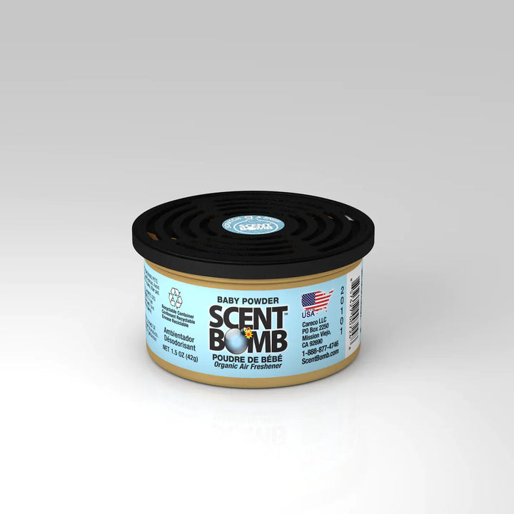 Organic air freshener can with black lid, beige container labeled Baby Powder Scent Bomb