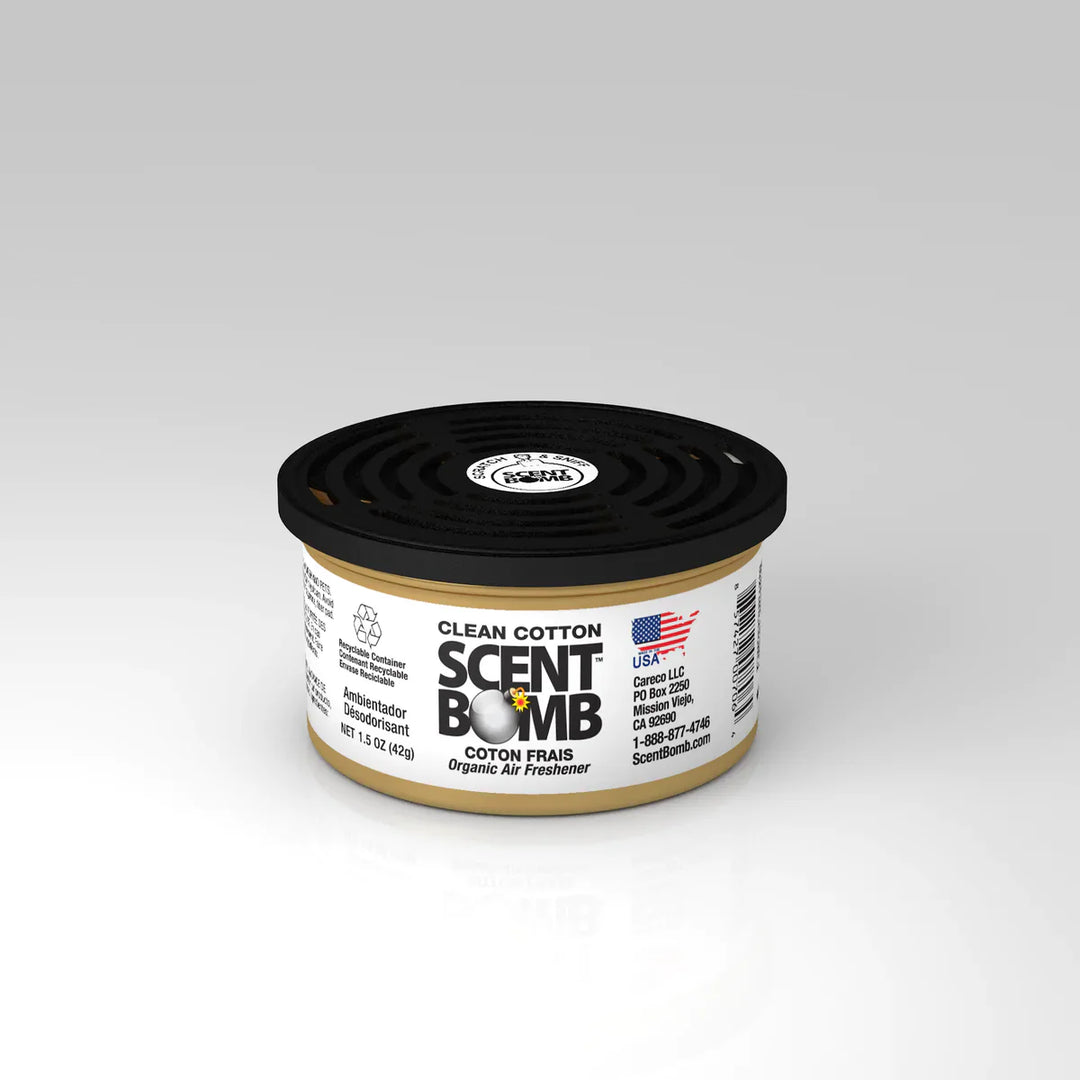 Organic air freshener can with black ridged lid, beige Clean Cotton label.