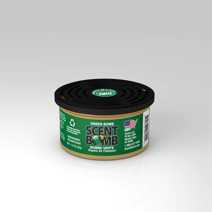 Car air freshener can, tan body with black lid; Green Bomb scent label.
