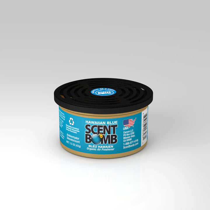 Car air freshener can, tan body with black lid; Hawaiian Blue scent label.