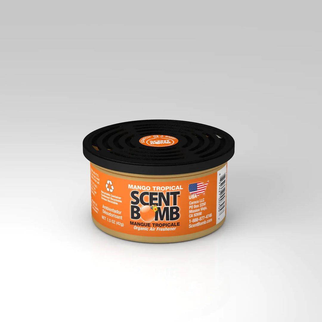 Car air freshener can, tan body with black lid; Mango Tropical scent label.