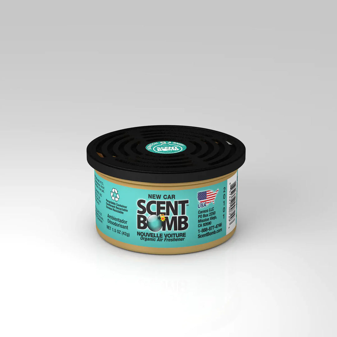 Organic can air freshener with black lid, New Car label.