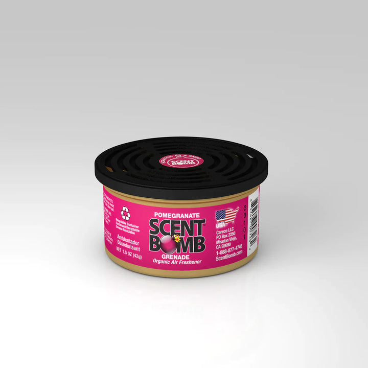 Car air freshener can, tan body with black lid; Pomegranate scent label.