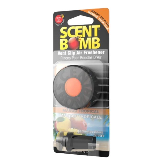 Vent clip air freshener in retail packaging, round gray disc with orange center