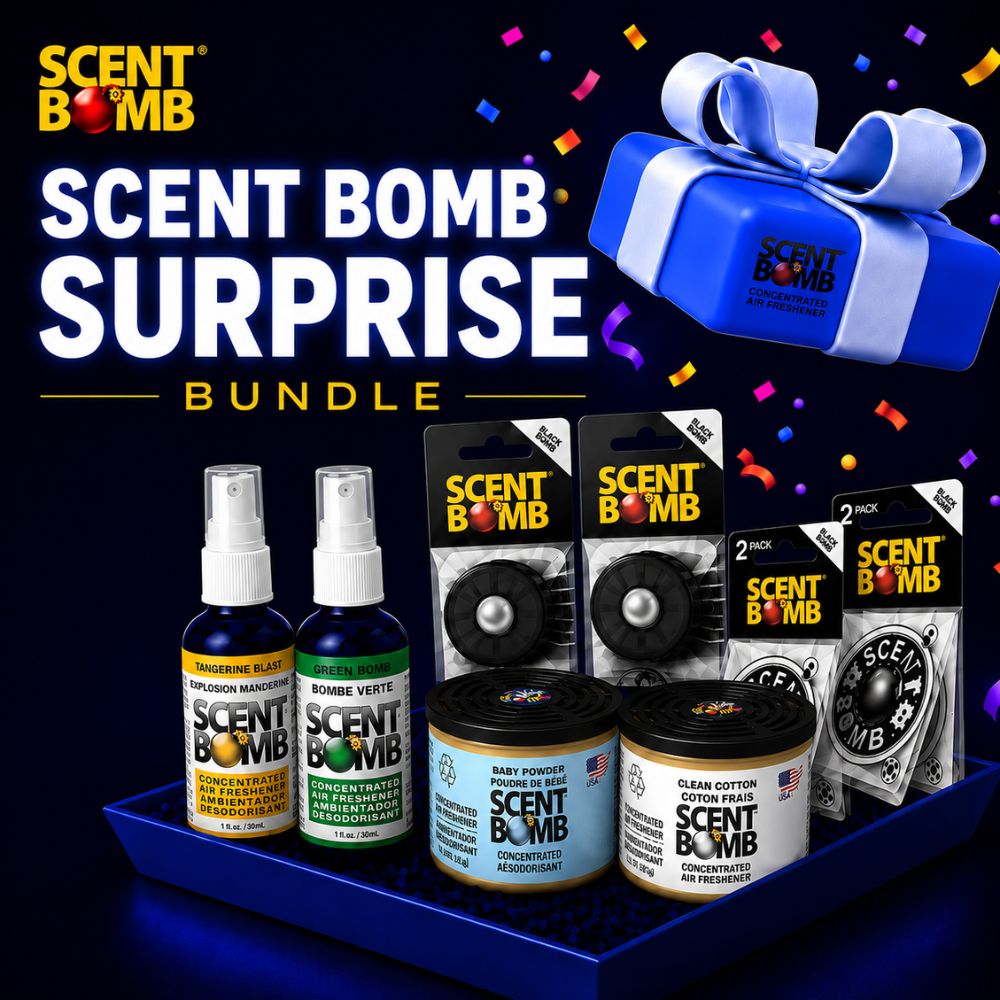 Scent Bomb Surprise air freshener bundle with spray bottles, disks, and scented containers
